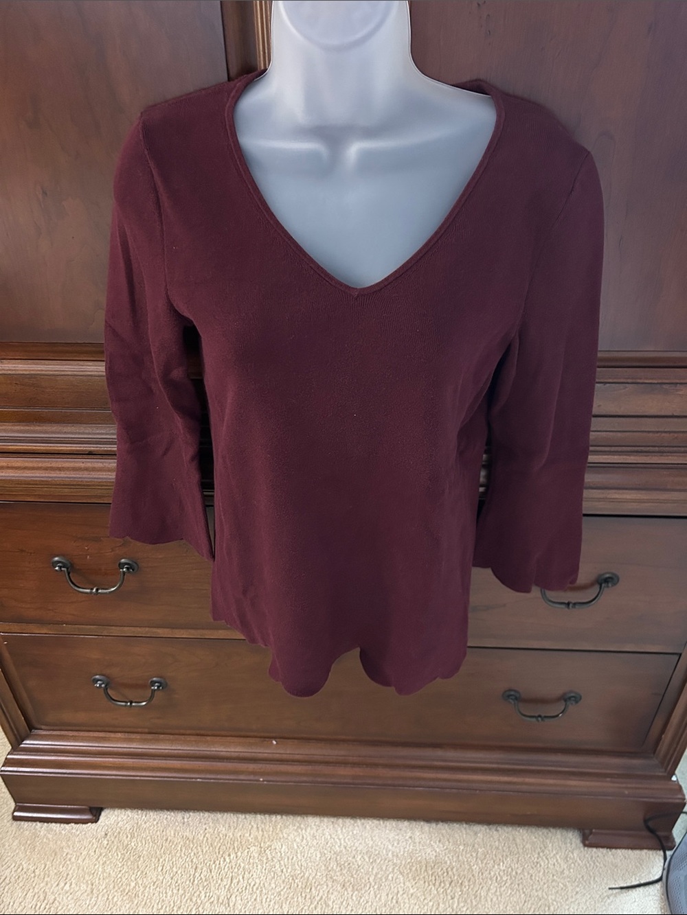 Talbots Burgundy V Neck 3/4 sleeves top with scalloped sleeves and hem